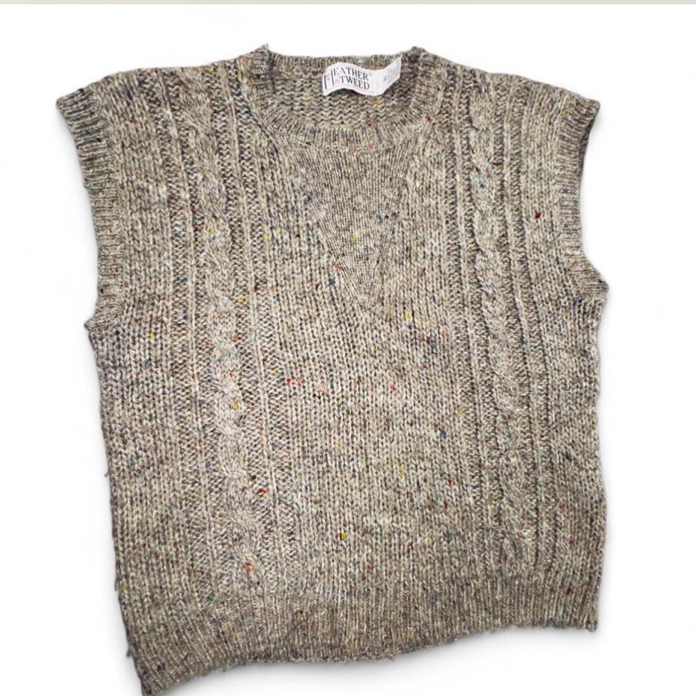 Heather & Tweed Speckled Cable Knit Sweater Vest M Fisherman WoolBlend Academia